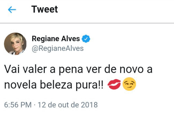 O tweet de Regiane Alves sobre a possível reprise de "Beleza Pura" (2008), em "Vale a Pena Ver de Novo" (Imagem: Reprodução / Twitter)