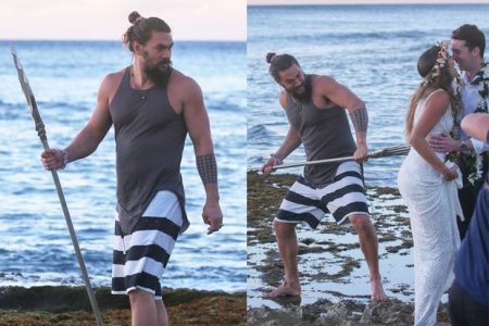 Com tridente, Jason Momoa, o Aquaman, invade ensaio de noivos e causa