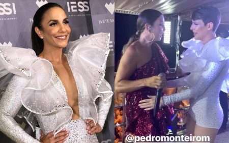 Ivete Sangalo fica chocada com cantor usando look idêntico ao seu