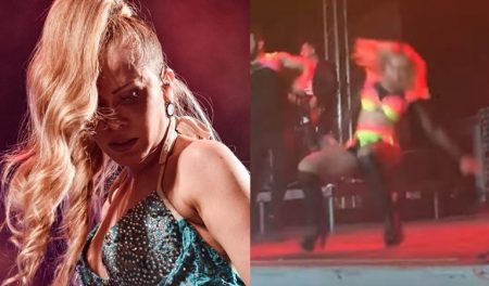 Joelma canta “A Lua Me Traiu” no exterior e cai no palco
