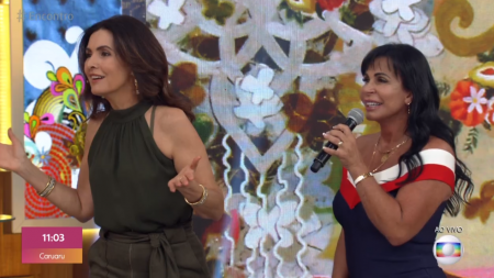 Fátima Bernardes joga o cabelo e dança Conga La Conga com Gretchen