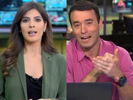Andreia Sadi e André Rizek aparecem em clima de romance em telão de festa