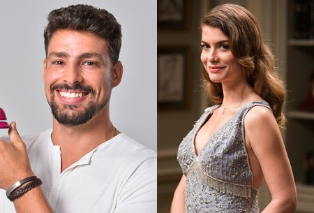 Ex-namorados, Cauã Reymond e Alinne Moraes posam juntos na Globo