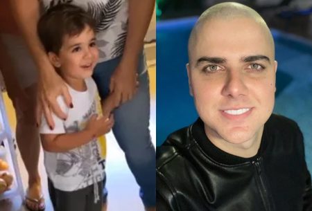 Zé Neto surge careca e sem barba e filho não o reconhece