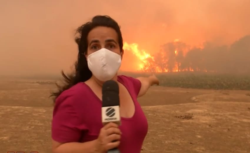 Repórter da Globo é pega de surpresa e foge de foco de incêndio no Pantanal