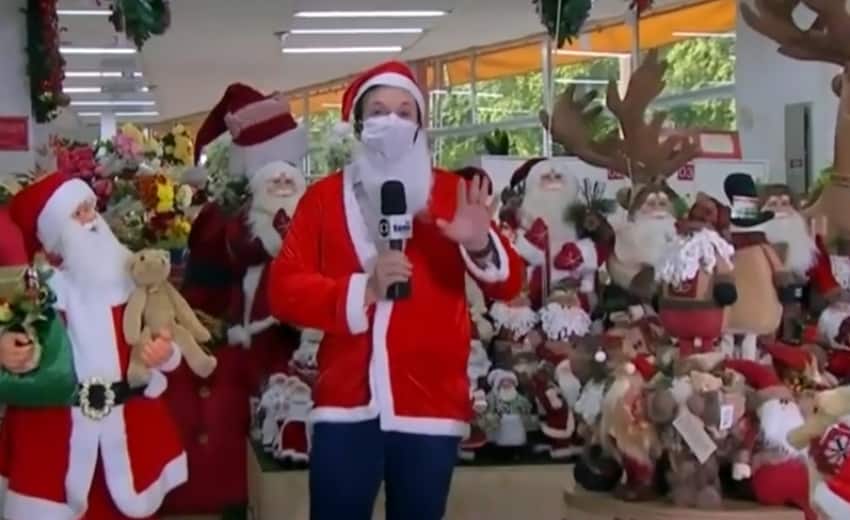 Repórter surge de Papai Noel e dança ao vivo em telejornal da Globo
