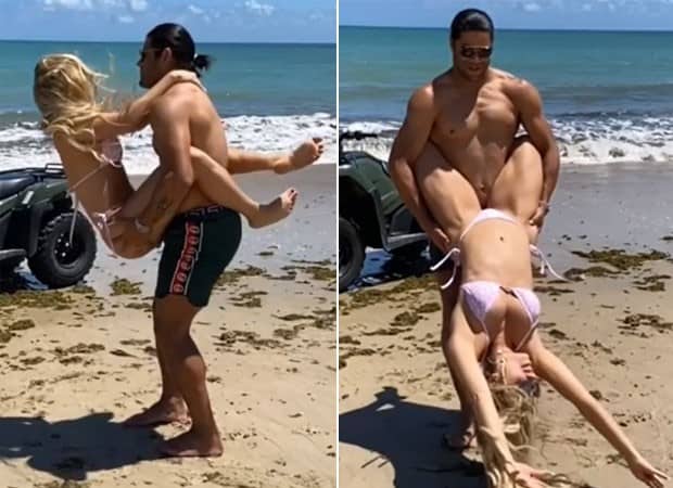 Hulk Paraíba aparece em posições inusitadas com namorada em praia