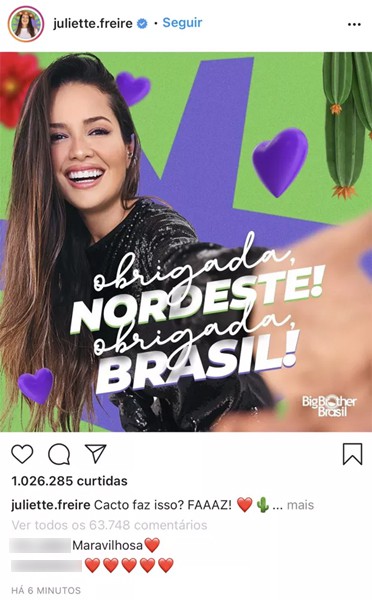 Juliette, do 'BBB 21', bate todos os recordes no Instagram com