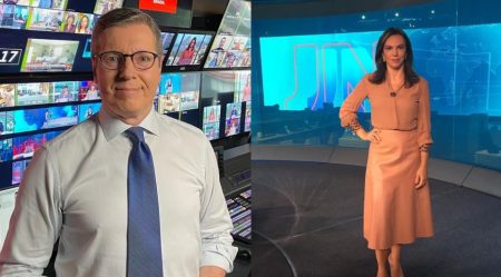Márcio Gomes tira do baú foto rara com Ana Paula Araújo, que reage