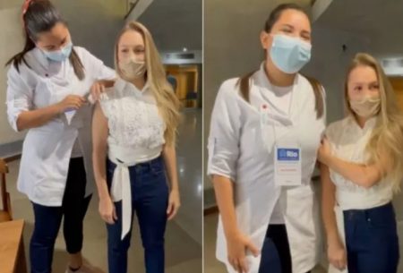 Aos 30 anos, Carla Diaz celebra primeira dose da vacina contra a Covid-19