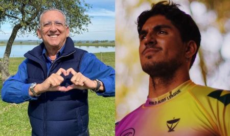 Às vésperas de Tóquio, Galvão Bueno surge surfando com Gabriel Medina