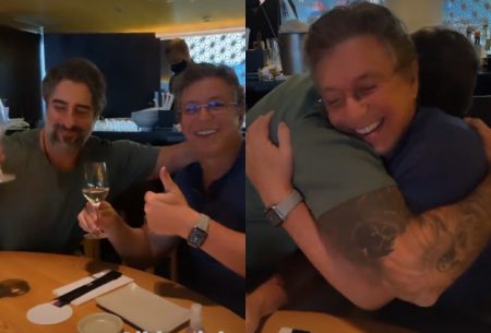 Marcos Mion brinda com Boninho após fechar contrato com a Globo