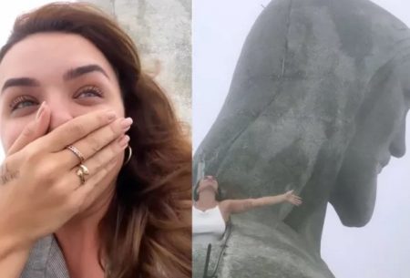 Rafa Kalimann se emociona ao visitar o topo do Cristo Redentor