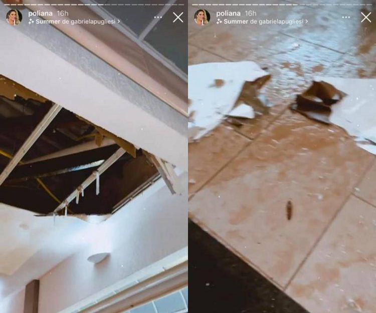 Poliana Rocha, esposa de Leonardo, mostra teto de mansão destruído após forte chuva