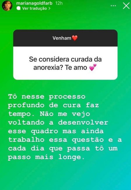 Mariana Goldfarb diz que ainda não se sente curada da anorexia