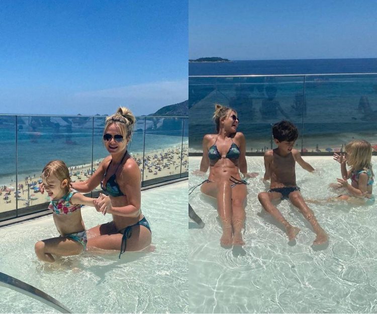 De biquíni, Eliana curte piscina na companhia dos filhos, Arthur e Manuela