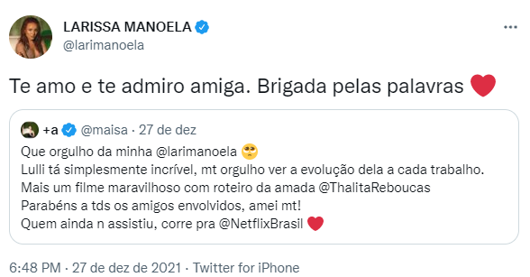 Larissa Manoela agradece elogio de Maisa sobre filme na Netflix