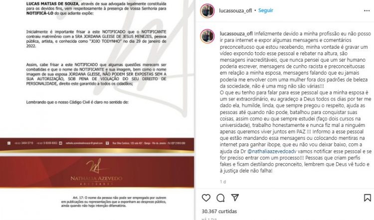 Lucas Souza, marido de Jojo Todynho, desabafa após sofrer ataques na web