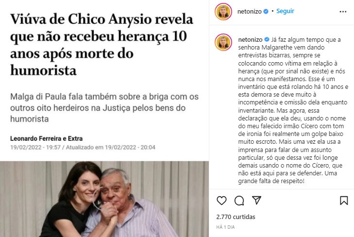 Nizo Neto responde a madrasta e viúva de Chico Anysio
