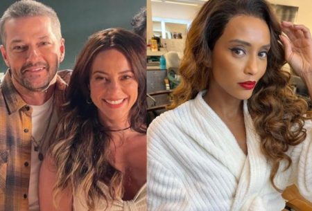 Paolla Oliveira, Taís Araújo e Marcelo Serrado posam juntos nos bastidores de Cara e Coragem