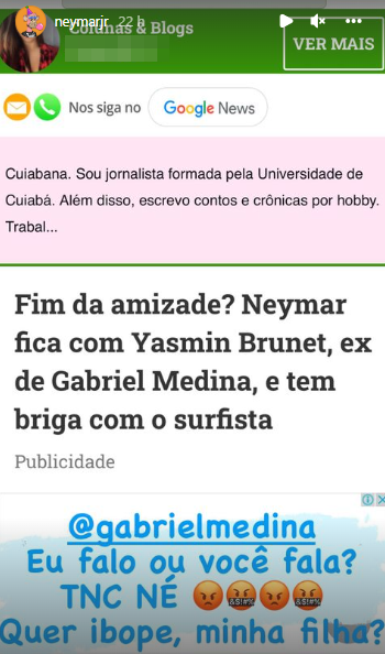 Neymar se revolta com colunista após rumores de romance com Yasmin Brunet