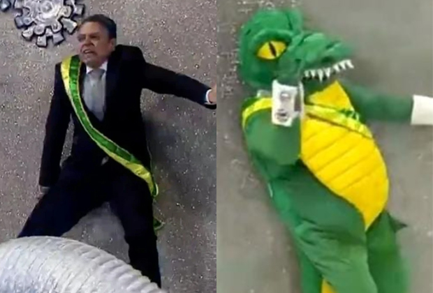 “Bolsonaro” vira jacaré em desfile de escola de samba e Chico Pinheiro gargalha na Globo