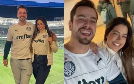 Gustavo e Laís Caldas assistem jogo do Palmeiras no estádio e comemoram vitória