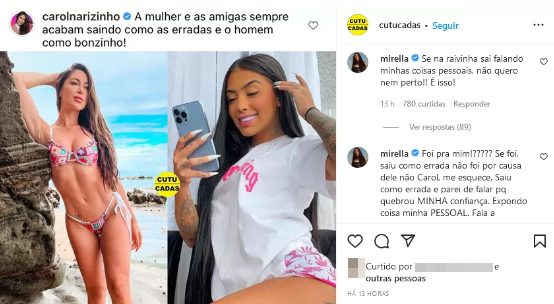 Carol Narizinho e MC Mirella brigam por conta de Dynho Alves