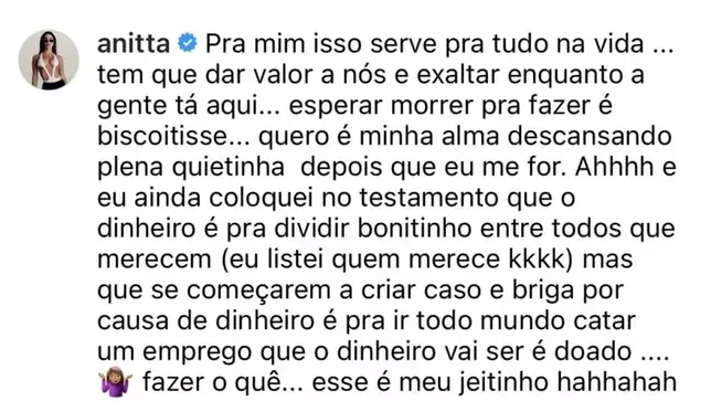 Anitta fala sobre o seu testamento e manda recado aos familiares