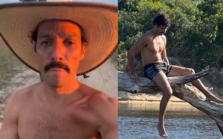 Tibério em Pantanal, Guito sobe em árvore de sunga e empolga fãs