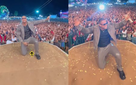 Leo Santana rasga calça durante show e brinca com a situação
