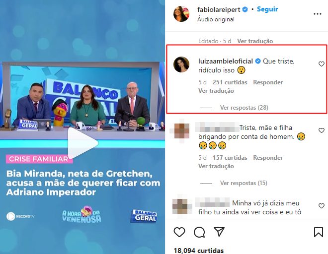 Luiza Ambiel critica atitude da filha de Gretchen