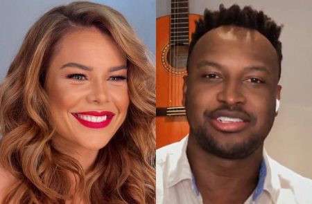 Thiaguinho posa com Fernanda Souza e a namorada da atriz em momento raro