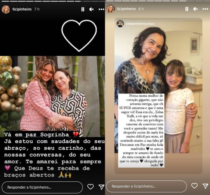 Ticiane Pinheiro e a filha, Rafaela Justus, lamentam a morte da mãe de César Tralli