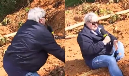 Datena cai na lama e chora ao se deparar com tragédia no litoral de SP