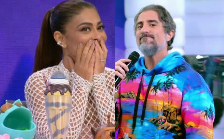 Marcos Mion brinca com vestido inusitado de Juliana Paes no Caldeirão