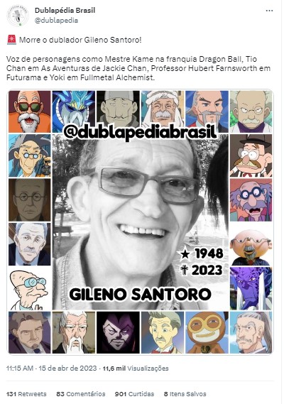 Morre Gileno Santoro, dublador do Mestre Kame em 'Dragon Ball', aos 74 anos  - Folha PE