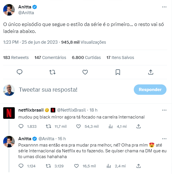 Anitta critica série da Netflix e perfil do serviço de streaming