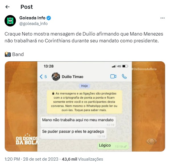 Craque Neto mostra ao vivo na Band um print de uma conversa antiga com  Duílio em que o presidente do Corinthians afirma que Mano Menezes não  trabalharia no clube durante o seu