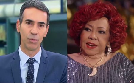 Na Globo, Alcione se empolga e elogia parte do corpo de César Tralli