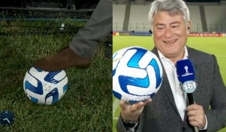 Cleber Machado se arrisca com a bola no pé no SBT Brasil e cena viraliza: “Com moral”
