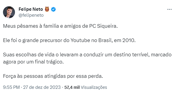 Felipe Neto falou da morte de PC Siqueira