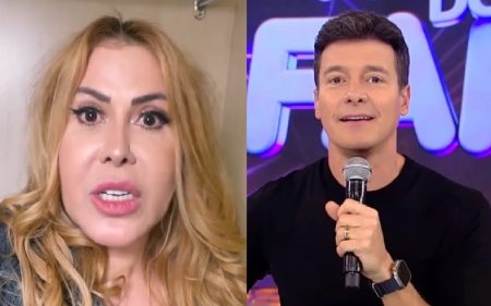 Joelma surpreende e dá para Rodrigo Faro isopor com congelados e frutas no Amigo Secreto da Record