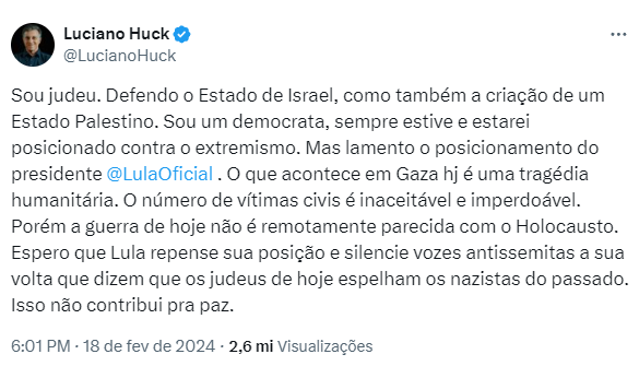 Luciano Huck faz post com crítica a Lula