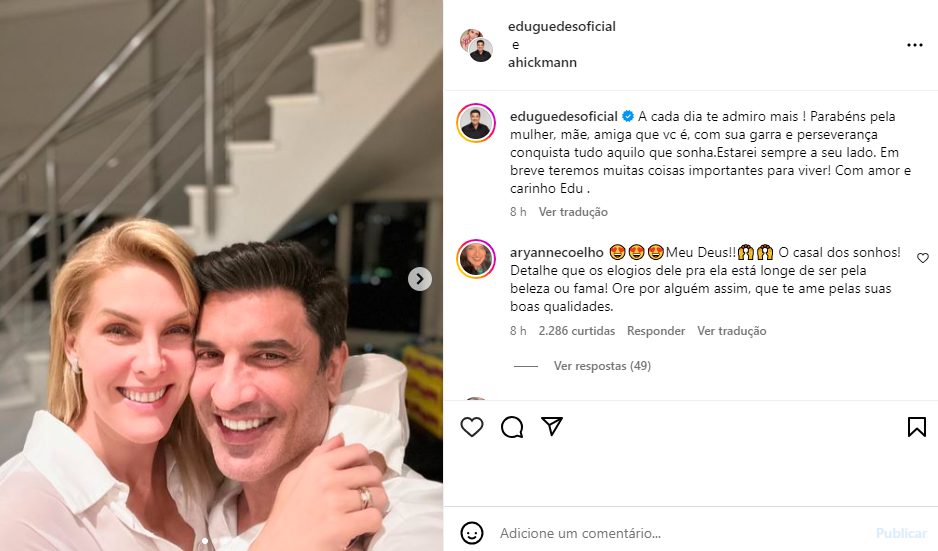 Post de Edu Guedes com Ana Hickmann 