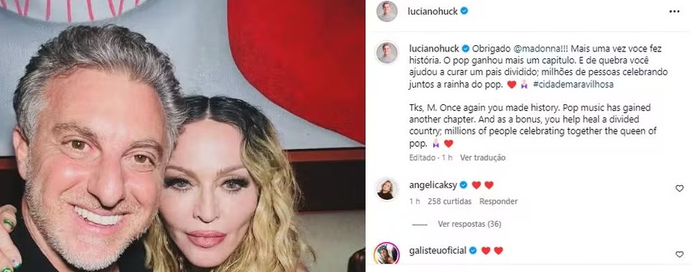 Luciano Huck postou foto com Madonna