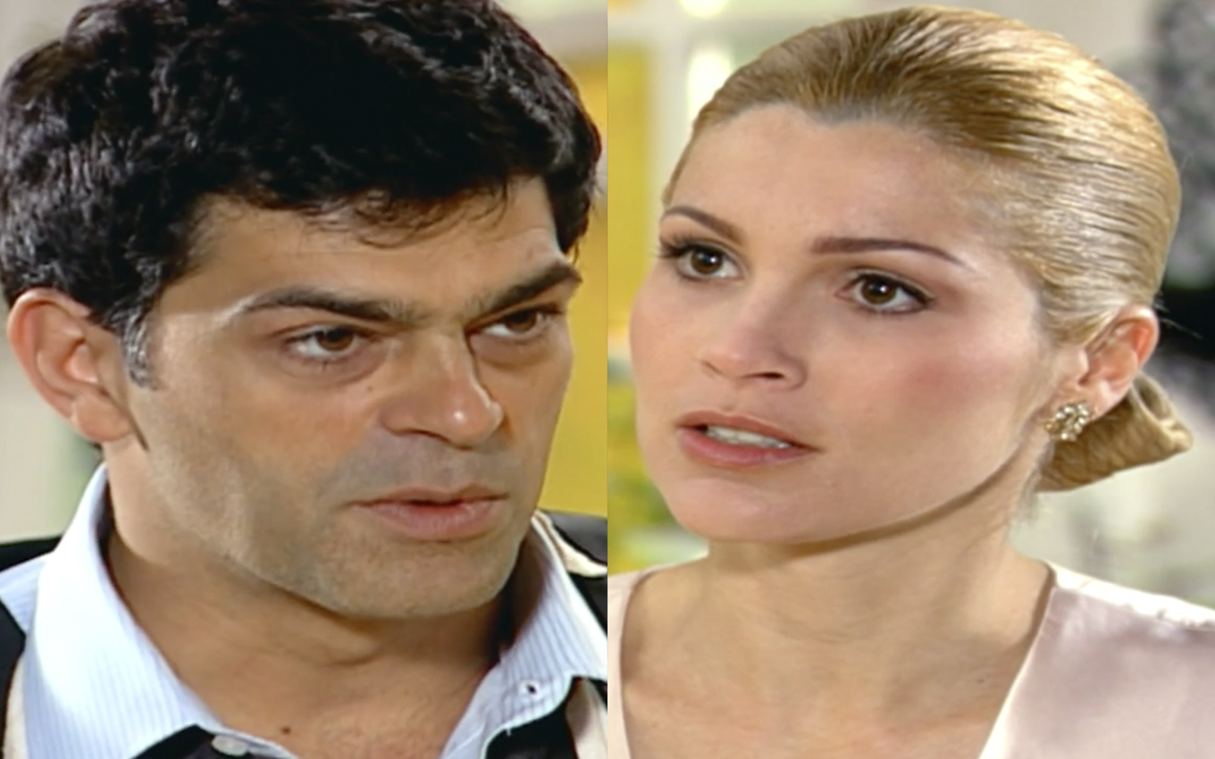 Cristina (Flávia Alessandra) e Rafael (Eduardo Moscovis) em Alma Gêmea