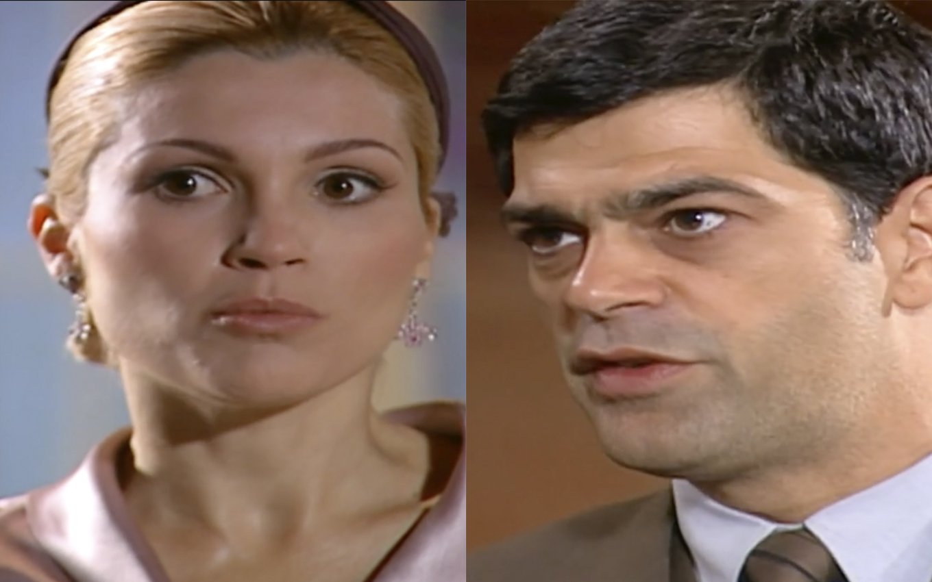 Cristina (Flávia Alessandra) e Rafael (Eduardo Moscovis) em Alma Gêmea