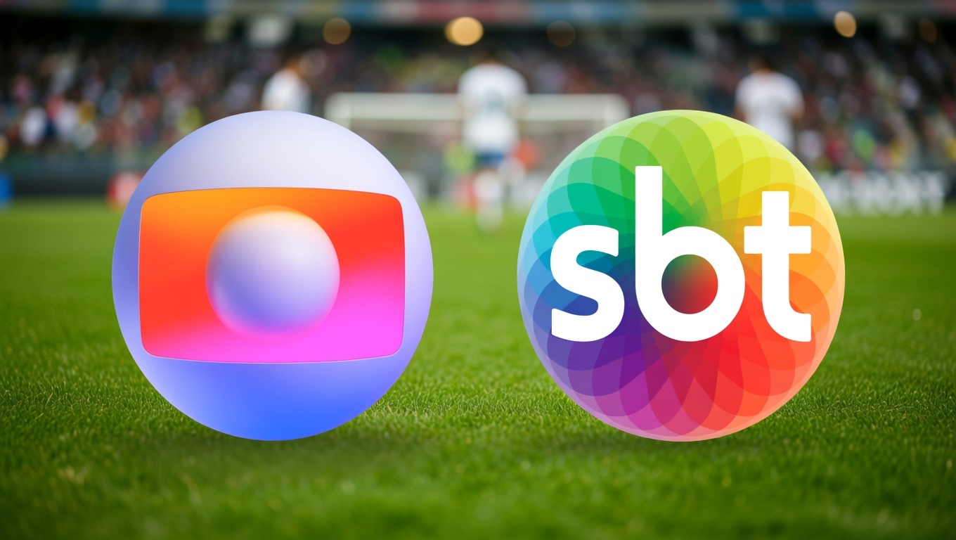 Logo da Globo vs SBT com um campo de futebol ao fundo desfocado