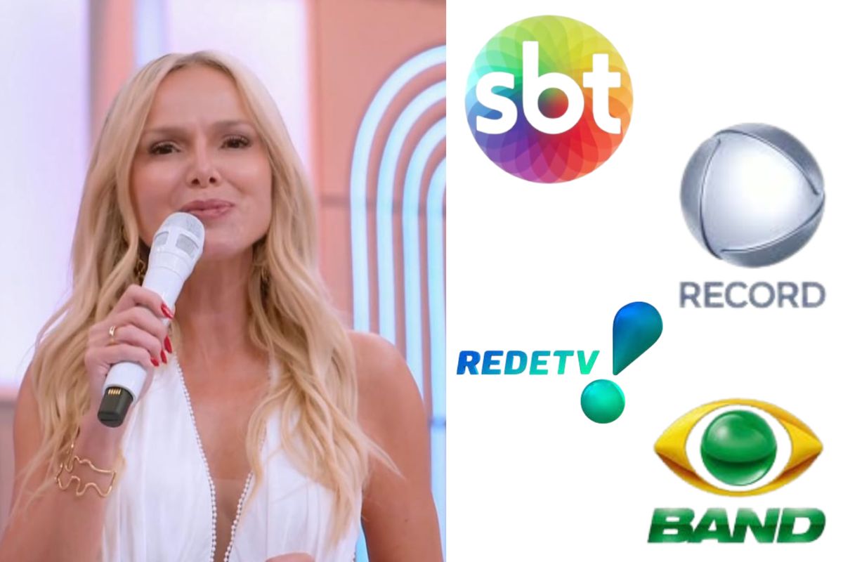 Ex-SBT, Eliana, ao lado da logo de transmissoras rivais